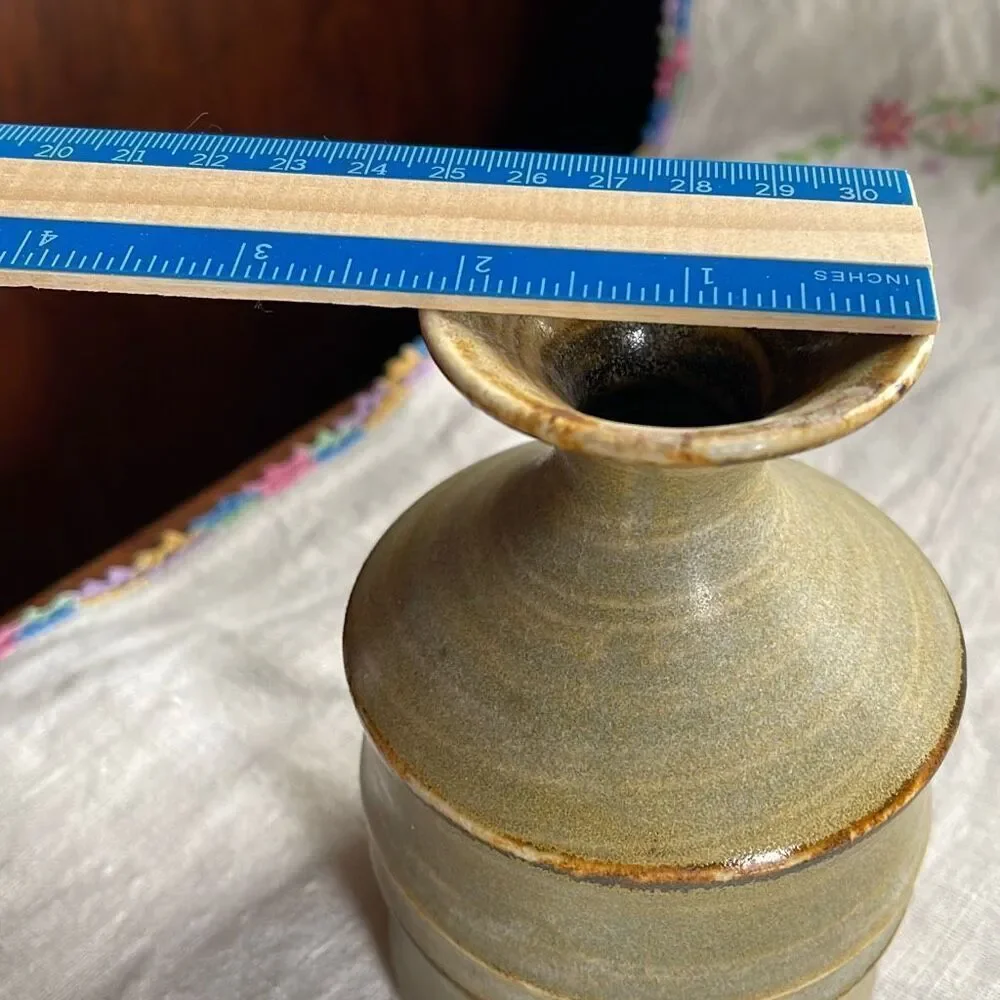 Vintage OMC Midcentury vase green and tan bamboo ceramic.